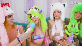 Tattooed Slutty Hot babes Wild Lesbian Orgy Dildos Costumes Orgasm